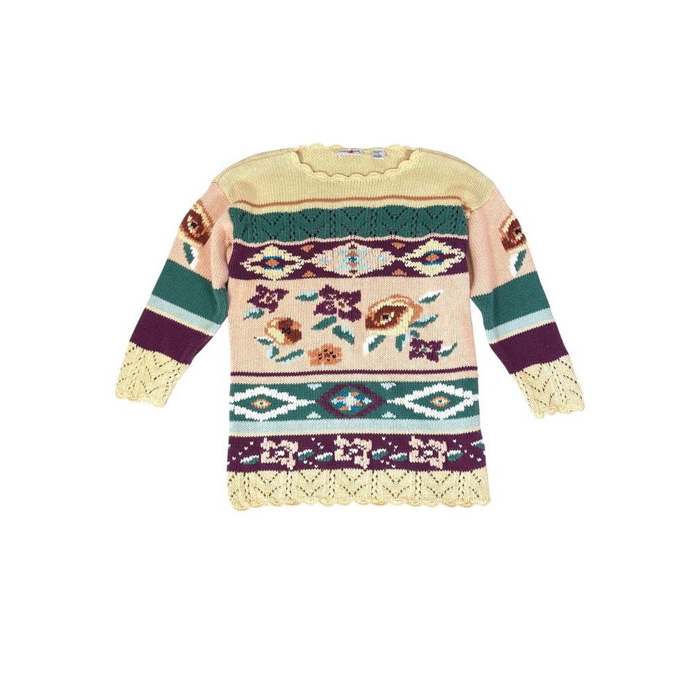 Y2K Vintage Grannycore Floral Chunky Knit Sweater Size Small Cottage Boho 90s